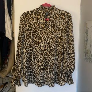 H&M Leopard Silky Blouse, high neck, puff sleeves, size Medium